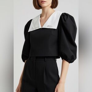 ANOUKI Sz L Embellished Contrast Collar Puff Sleeve Victorian Blouse NWOT